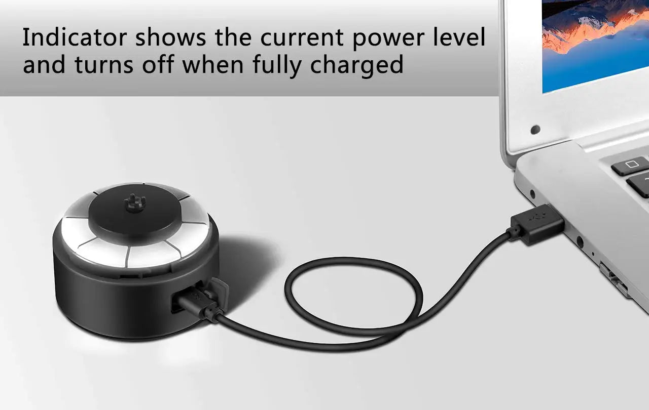 A Premium Electric Protein Shaker Cup (BPA-free, USB rechargeable) from Mainland China is connected to a laptop via USB. Text above reads: The indicator shows the current power level and turns off when fully charged.