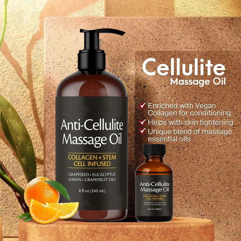 Two bottles of Skin Firming Body Massage Oil 240ml, a moisturizing pump bottle and a smaller size, are shown with oranges and green leaves. Features include collagen infusion, vegan collagen, skin tightening, and essential oils.