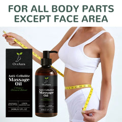 A person measures their waist with a tape measure beside a bottle and box of Anti-Cellulite Massage Oil Firming Lifting Arm Belly Thigh. Text above: FOR ALL BODY PARTS EXCEPT FACE AREA. Made with Natural Plant Ingredients for effective results.