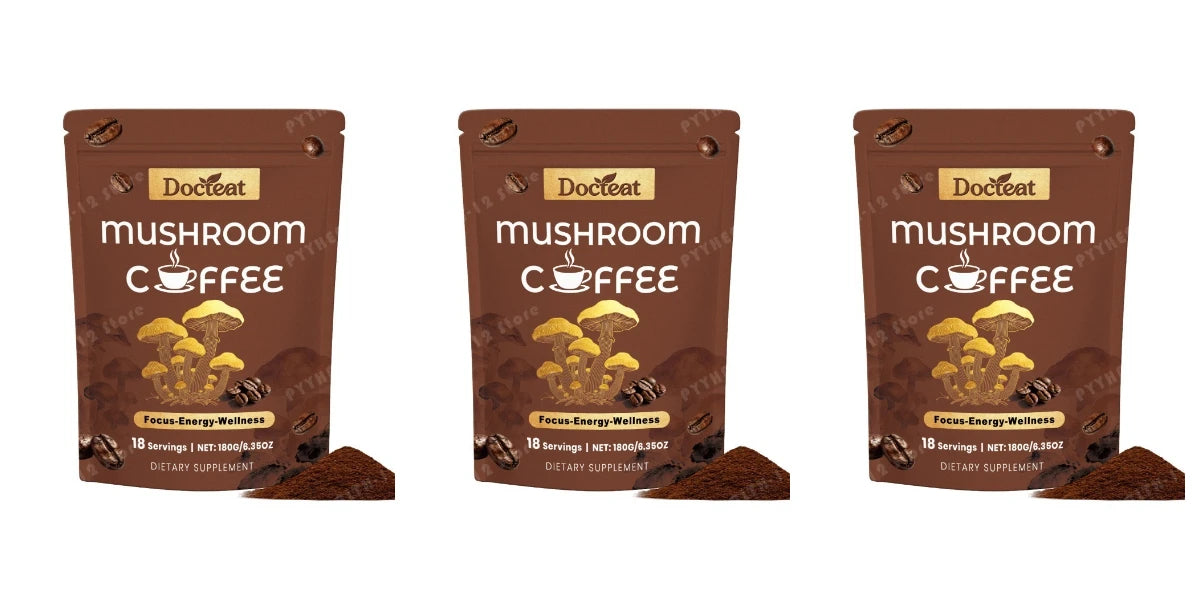 Docteat Mushroom Coffee Powder with Cordyceps, Lion's Mane, Reishi, Shiitake & Turkey Tail for Focus, Energy & Wellness, 180g
