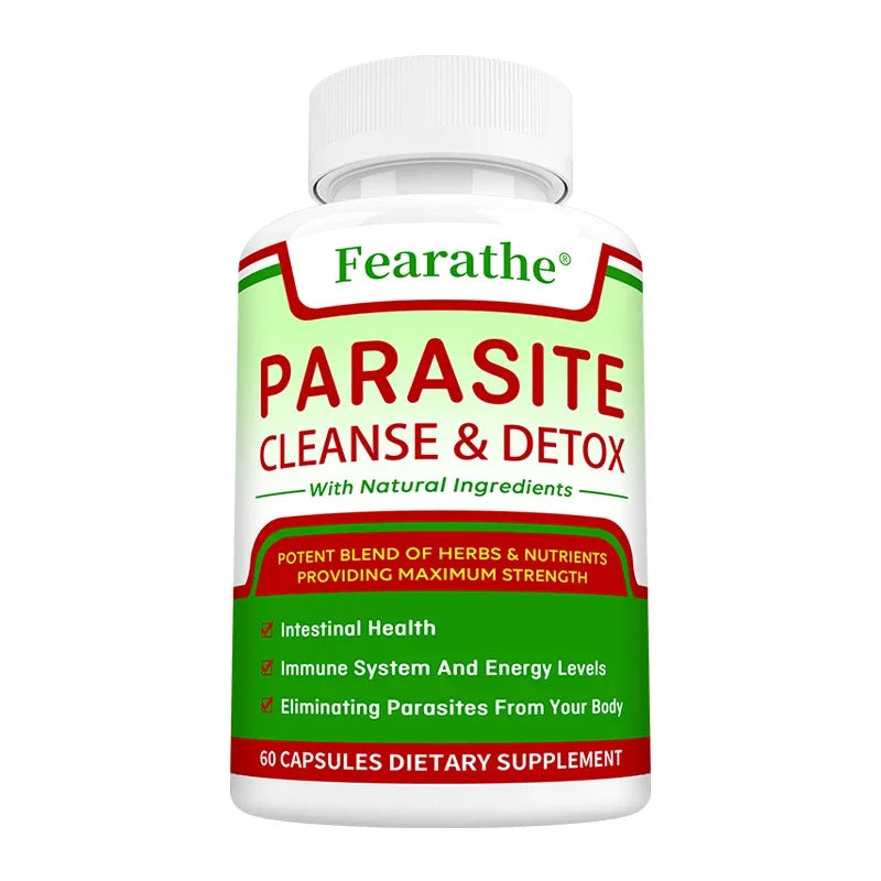 A white bottle labeled Parasite Cleanse - Bowel Cleansing Supplement with green and red accents promotes digestive and immune health, parasite removal, and natural gut health. Contains 60 capsules for comprehensive cleansing support.