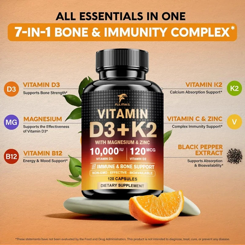Fulimiks Vitamin D3 K2 Capsules, with Magnesium & Zinc, Support Bone & Dental, Heart, Cardiovascular Health, Immune Defense