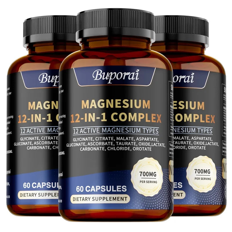 Three bottles of Magnesium Complex Capsules – Bone & Heart Health, Sleep Support, Muscle Relaxation, Stress & Anxiety Relief – each containing 60 unisex capsules with 700mg per serving and highlighting Magnesium Glycinate.