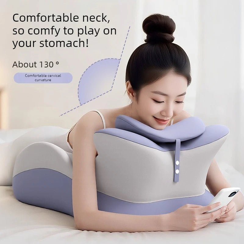 A woman smiles while lying on her stomach, using her phone on the Memory Foam Bed Wedge Pillow from Mainland China. The image text highlights its ergonomic neck support for massage, relaxation, anti-snoring, and pain relief.