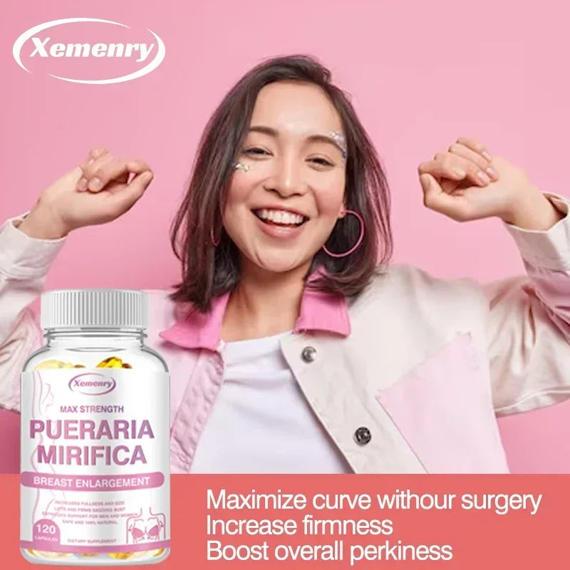 A smiling woman in a pink jacket raises her arms joyfully against a pink background. In the foreground is a bottle labeled "PUERARIA MIRIFICA - Breast Supplement To Support Bigger, Rounder, Firmer Breasts." Benefits: curves, firmness, perkiness.