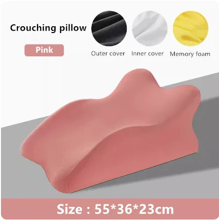 The Lie On The Bed Sleeping Pillow is a pink, contoured, wave-shaped Memory Foam pillow (55×36×23 cm) for bedding. It features images of its 100% Polyester outer cover, inner cover, and foam material.