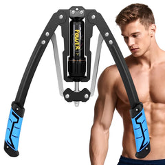 A muscular, shirtless man stands beside the Adjustable 22-440 Pounds Arm Exercisers Hydraulic Power Home Chest Amplifiers, perfect for upper body, chest, and shoulder muscle training.