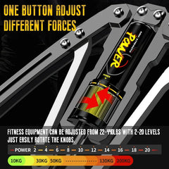 Close-up of Twister Arm Exerciser with adjustable hydraulic resistance (22-440lbs), labeled power indicator, and "ONE BUTTON ADJUST DIFFERENT FORCES" text. Color scale displays resistance range; simple knob allows easy grip strength adjustment.