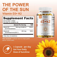 A bottle of Vitamin D3 10000 IU with K2 200 Mcg supplement featuring a supplement facts label, a sunflower, and text promoting daily use for immune, heart, joint, teeth & bone health support—your daily boost of sunshine.