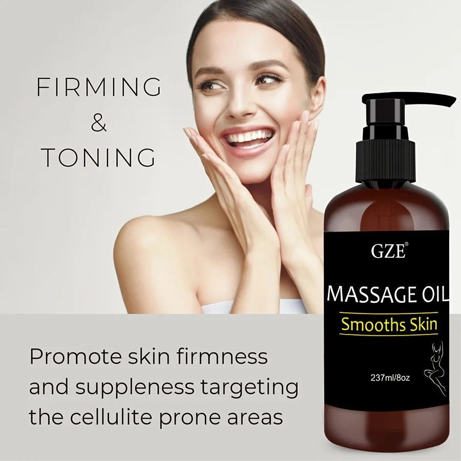 Smiling woman with hands near her face beside a bottle of GZE Body Smooths Skin Massage Oil Infused with Collagen and Stem Cells. Text promotes skin tightening, moisturizing, firming benefits, and targets cellulite-prone areas for smoother skin.