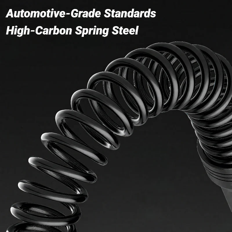 Close-up of the Strength Training Bar Ergonomic Fitness Grip Biceps Triceps Strengthener, featuring a glossy black high-carbon spring steel coil on a dark background. White text: Automotive-Grade Standards High-Carbon Spring Steel.