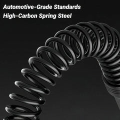 Close-up of the Strength Training Bar Ergonomic Fitness Grip Biceps Triceps Strengthener, featuring a glossy black high-carbon spring steel coil on a dark background. White text: Automotive-Grade Standards High-Carbon Spring Steel.