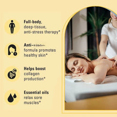 A woman smiles during a back massage with Skin Firming Body Massage Oil 240ml, natural aromatherapy that soothes muscles, boosts collagen, moisturizes skin, offers deep-tissue relaxation, anti-stress benefits, and promotes healthy, firmer skin.
