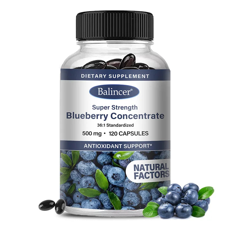 A bottle of Blueberry Capsules - 500mg, supports brain, heart, and eye health, provides antioxidants, promotes smooth skin; 120 capsules per bottle.