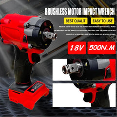 A Brushless Impac Wrench 500N.m Electric Driver for Milwaukee 18V Battery is shown in close-up. Features highlighted: Best Quality, Easy to Use, cordless design, 4 gears, and powerful 500N.m torque on a dark background.