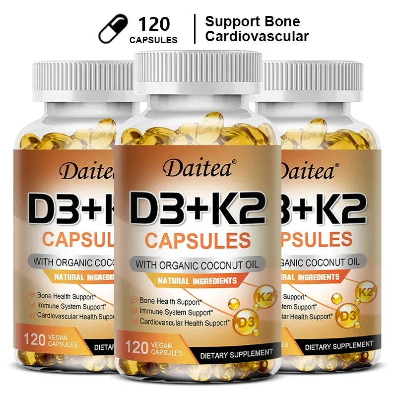 Three bottles of Vegan Vitamin D3 K2 Capsules with organic coconut oil for bone and immune system support. Each bottle contains 120 vegan, gluten- and soy-free capsules made with natural ingredients for daily wellness.