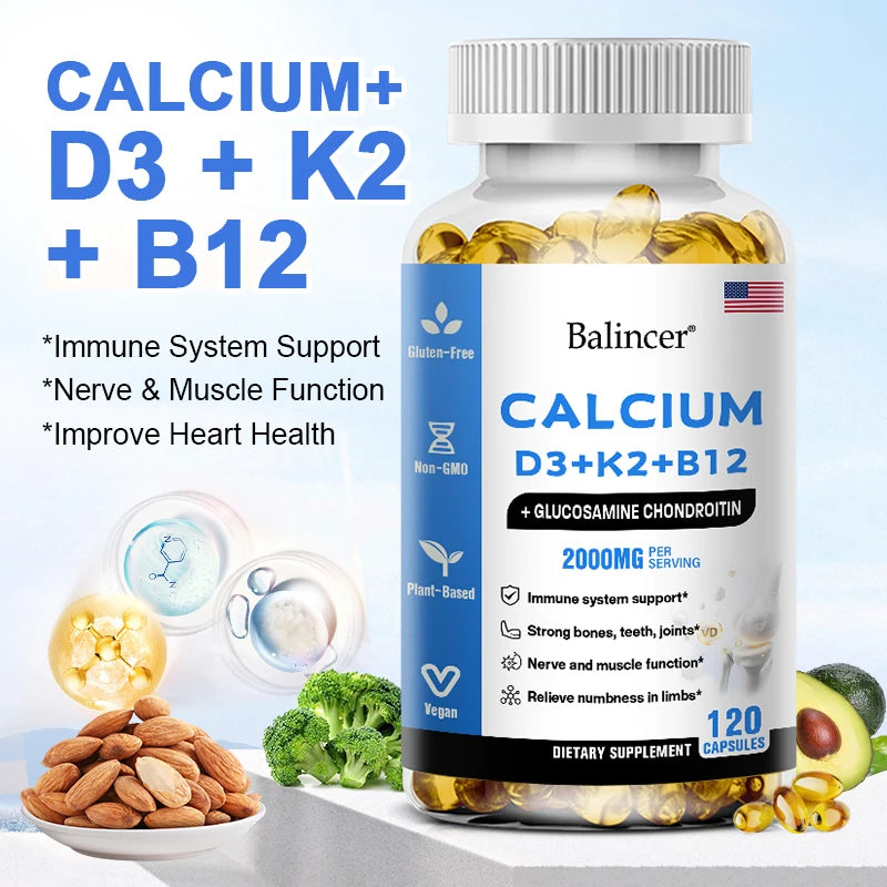 A bottle of Calcium Supplement with Vitamins D3+K2+B12 (120 capsules) supports nerve, muscle, and heart health plus immunity. Gluten-free, non-GMO, plant-based, and vegan icons shown. Nuts and capsules are displayed alongside.