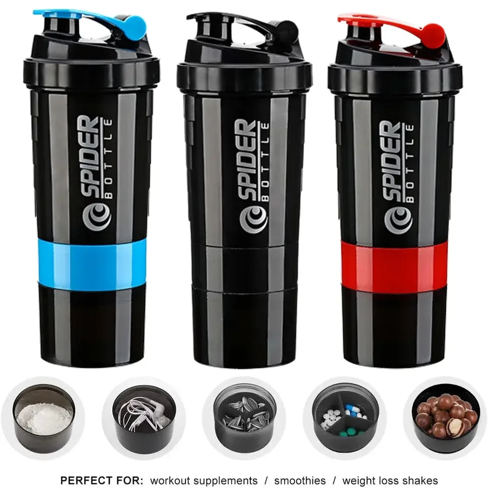 Three 3 Layers Shaker Protein Bottles with blue, gray, and red accents—each with compartments for powder and snacks—are perfect for supplements or shakes on the go in Mainland China. Large capacity for bodybuilding and exercise use.