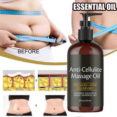 A promotional image for 240ml Anti Cellulite Massage Oil Infused with Collagen and Stem Cell shows the bottle, a waist measurement, before-and-after fat cell diagrams, and photos highlighting a visibly slimmer waist.