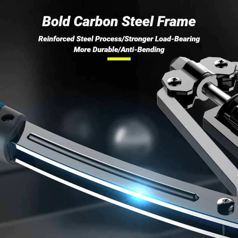 Close-up of the Adjustable 22-440 Pounds Arm Exercisers' metallic carbon steel frame with bolts, highlighted by blue light. Caption: “Bold Carbon Steel Frame—Reinforced for Stronger Load-Bearing. Ideal for strength training & chest workouts.”.