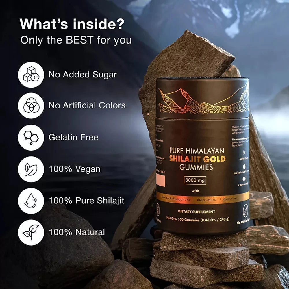 Gomitas de Shilajit Puro del Himalaya, 3000 mg de Shilajit de Grado Dorado con Ashwagandha y Gokshura para fortalecer el sistema inmunitario y aumentar la energía.