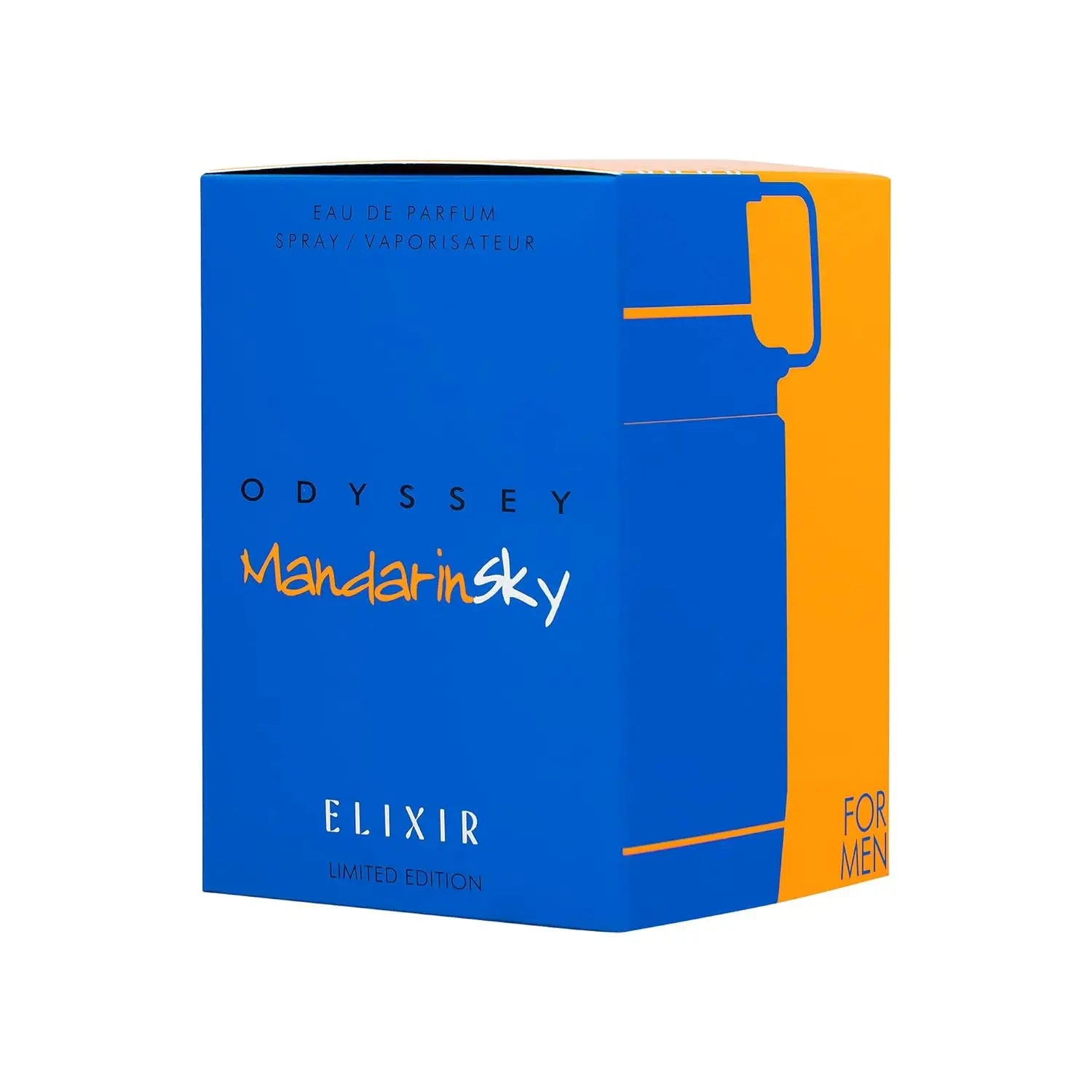 A blue and orange rectangular box of Armaf Odyssey Unisex Perfume Spray, Mandarin Sky Elixir Limited Edition (3.4 oz), with bold text, a cologne bottle graphic, and an alcohol-free fragrance for all.