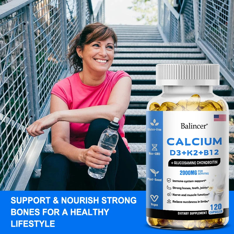 A smiling woman in workout clothes sits on stairs holding a water bottle. In front is Calcium Supplement with Vitamins D3+K2+B12—supports nerve & muscle function, heart health, immunity, and strong bones for a healthy lifestyle.
