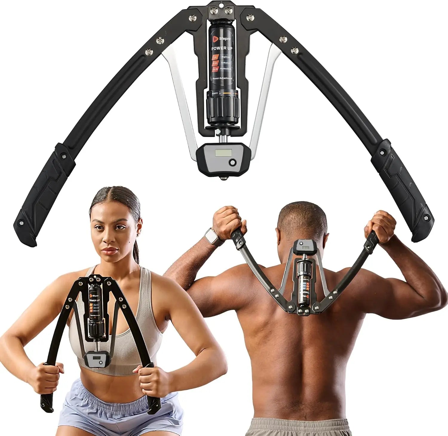 A woman demonstrates the Hydraulic Power Chest Expander and Arm Twister Trainer Exerciser from the front while a man uses it from behind, showcasing its adjustable 22-440lb resistance for versatile upper body strength training.