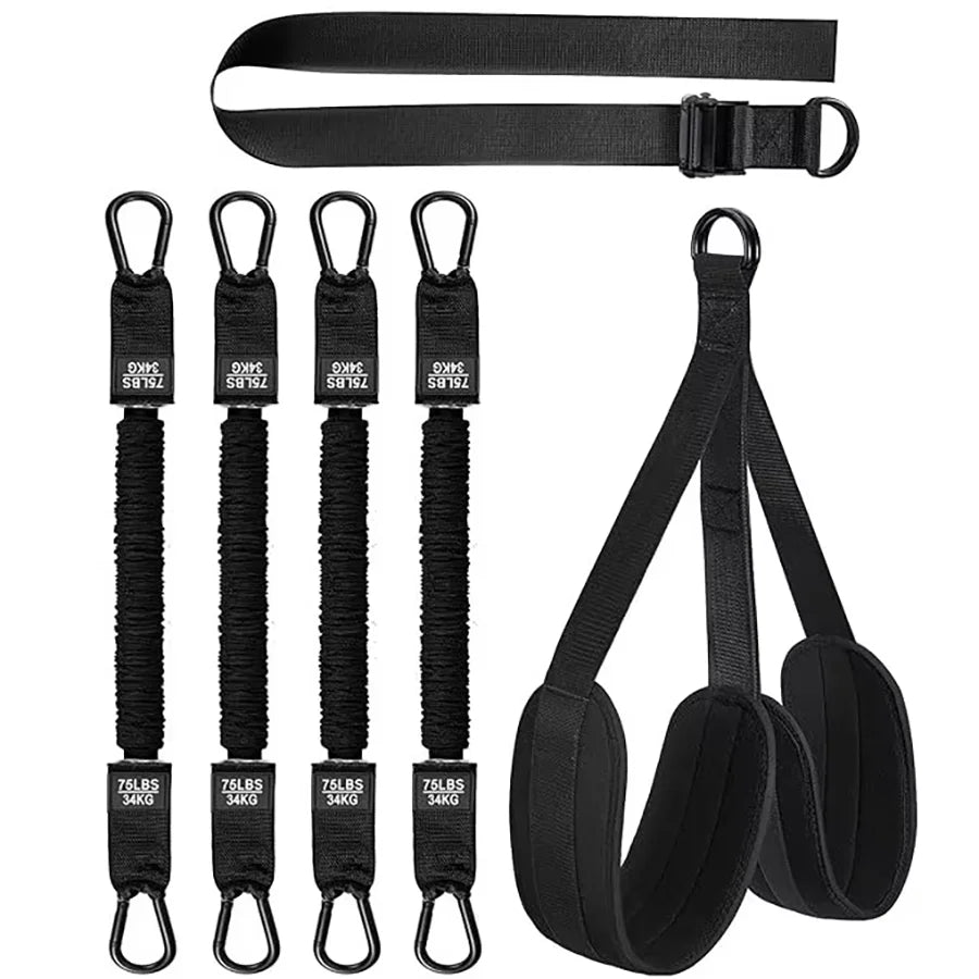 Pull Up Assistance Bands Set: black adjustable resistance straps with four elastic bands, a long overhead strap with buckle, and two padded loops for arms, legs, or waist—ideal for pull-ups, chin-ups, strength training, and body stretching.