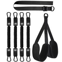 Pull Up Assistance Bands Set: black adjustable resistance straps with four elastic bands, a long overhead strap with buckle, and two padded loops for arms, legs, or waist—ideal for pull-ups, chin-ups, strength training, and body stretching.