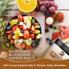 A colorful bowl of fresh fruit sits on a wooden table with various fruits nearby and a BWEORTHS Mushroom Coffee Mixed Reishi & Lion’s Mane container. Add 1 scoop daily to recipes, coffee, or smoothies to support immunity, focus, and memory.