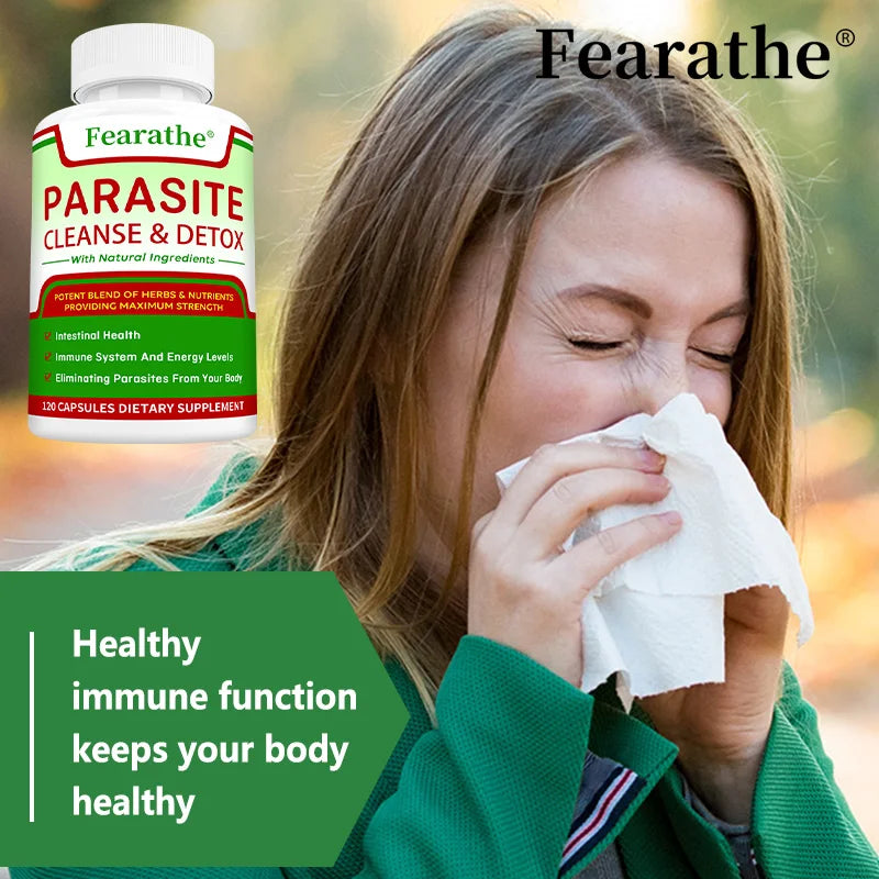 A woman sneezes into a tissue outdoors. In the upper left, a bottle of Parasite Cleanse—Bowel Cleansing Supplement for digestive and immune health—is shown. Text reads: Healthy immune function keeps your body healthy.