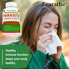 A woman sneezes into a tissue outdoors. In the upper left, a bottle of Parasite Cleanse—Bowel Cleansing Supplement for digestive and immune health—is shown. Text reads: Healthy immune function keeps your body healthy.