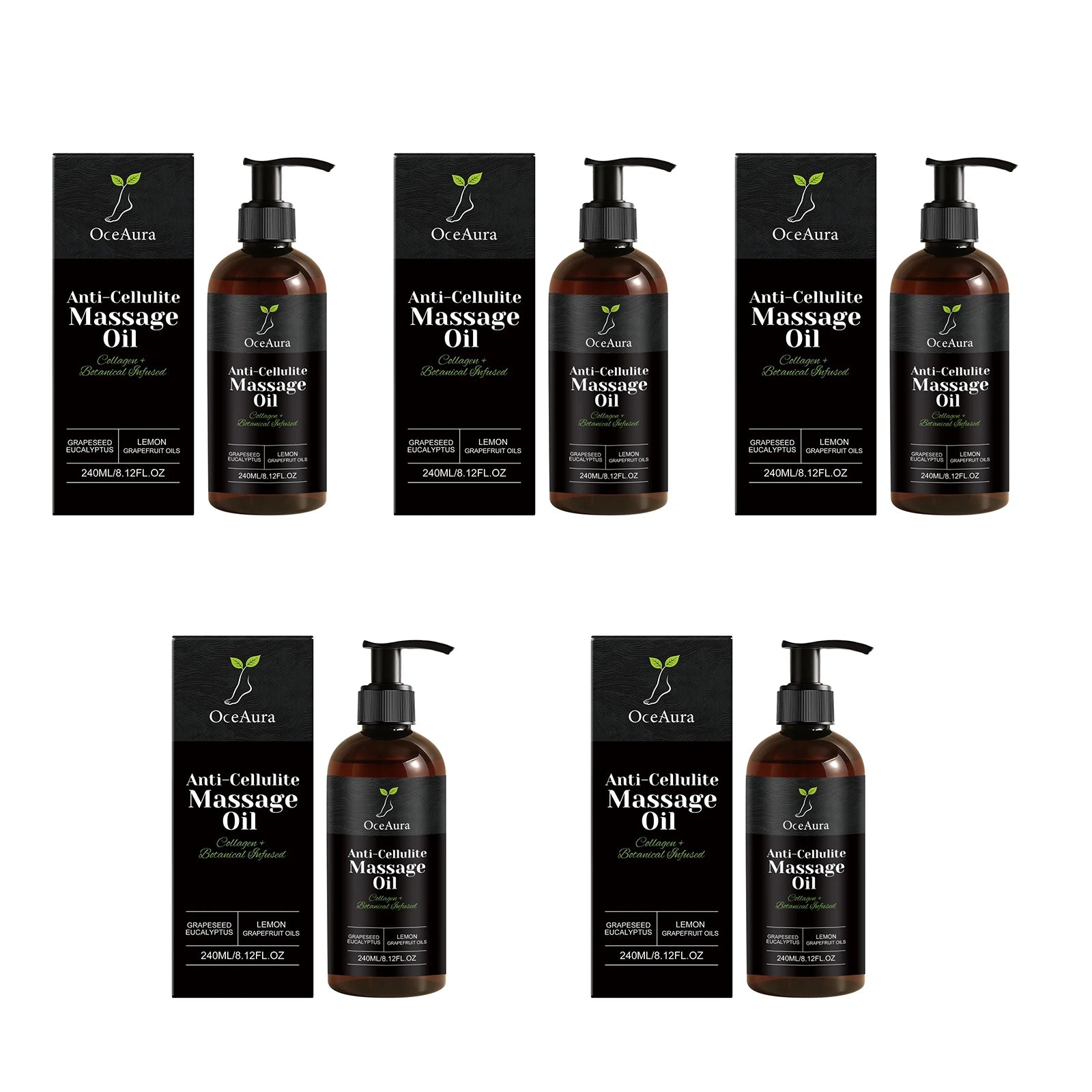Six bottles of Collagen Anti-Cellulite Massage Oil with black boxes are arranged in two rows of three on a white background. Each pump bottle targets cellulite and nourishes dry skin, leaving it firm, glowing, and revitalized.