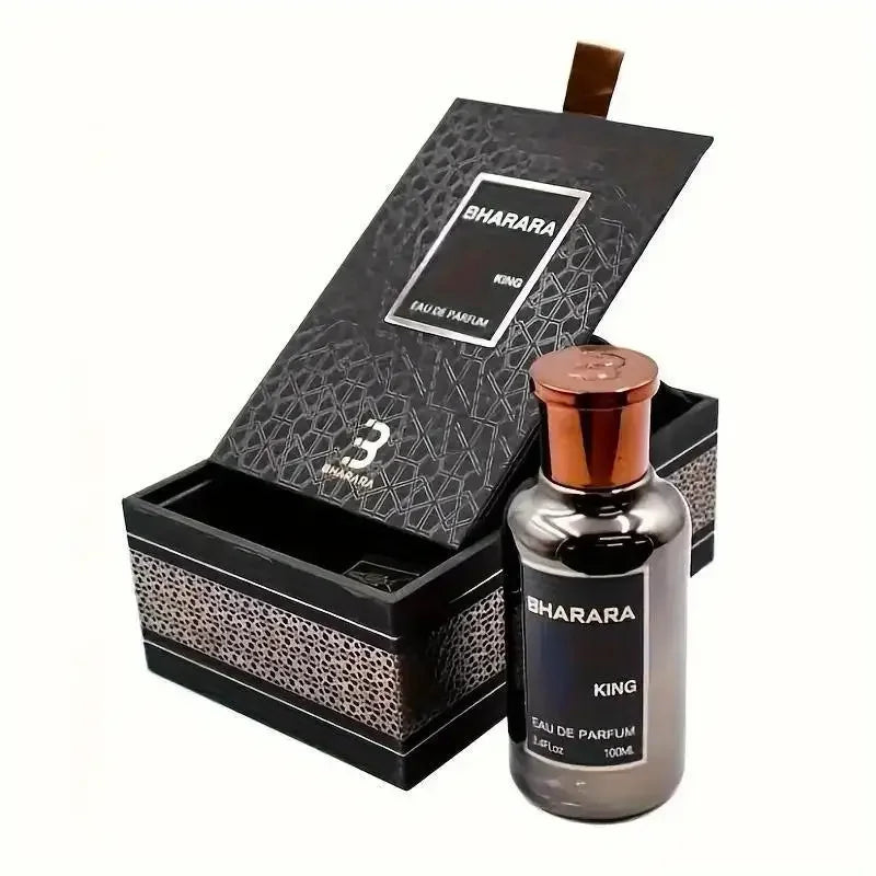 A bottle of Bharara King Men's Eau de Parfum 3.4oz, a formaldehyde-free citrus & musk scent, sits before its open black and silver box. The bottle has a brown cap and a black label with white text.