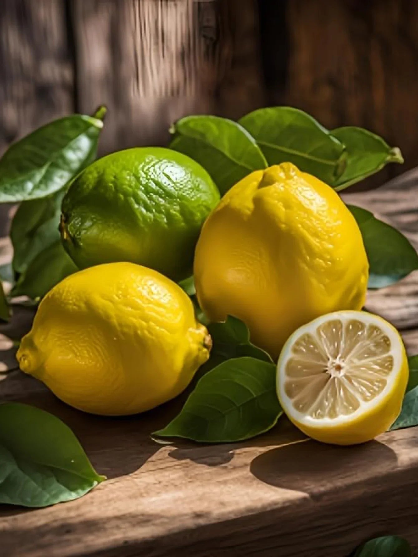 Three lemons and a lime with green leaves sit on rustic wood; one lemon is halved, its juicy interior reflecting the bold, zesty essence of Bharara King EDP 3.4oz—a woody amber men's cologne, perfect as a long-lasting luxury holiday gift.