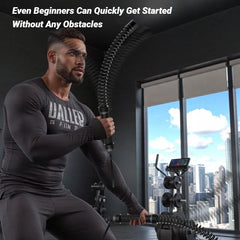 A man in athletic wear uses the Strength Training Bar Ergonomic Fitness Grip Biceps Triceps Strengthener Spring Arm Expander in a modern gym. Text reads: Even beginners can quickly get started without any obstacles.