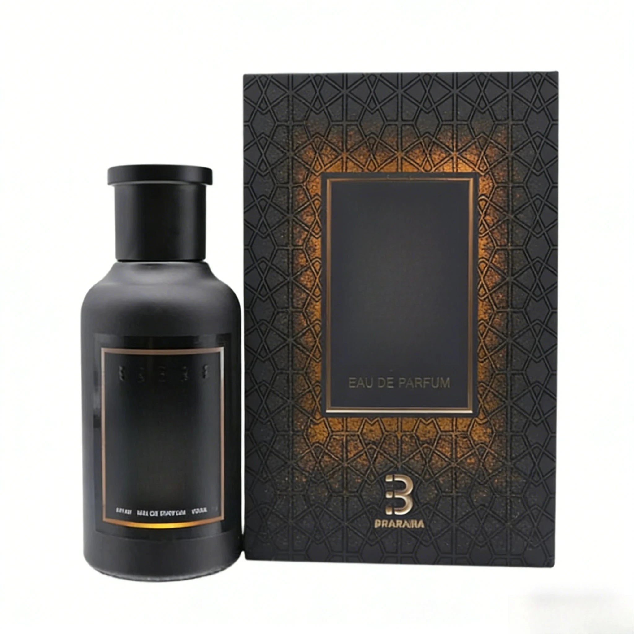 A 100ML Eau De Parfum for men in a stylish black bottle with a matching black and gold geometric box, featuring the brand Bharara, EAU DE PARFUM text, gold logo—a sealed high-end gift box with a distinctive woody fragrance.