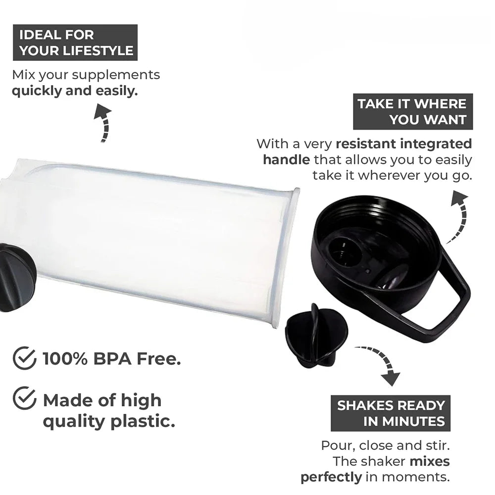 A 28 oz Shaker Bottle for Protein Shakes is shown disassembled with a black lid, handle, ball blender whisk, and text highlighting its BPA-free plastic, quick mixing, portability, integrated handle, and made in Mainland China.