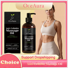 Promotional image for Collagen Anti-Cellulite Massage Oil Abdomen Thigh, featuring the product bottle, packaging, a fit woman in beige activewear, and text emphasizing firming, nourishing botanicals, glowing skin benefits, and dropshipping support.