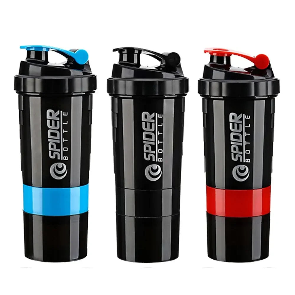 Three 3 Layers Shaker Protein Bottles are shown with colored accents—blue, black, and red. Designed for YUP1 and FEB.WIND fans in Mainland China, they have flip-top lids and display the Spider Bottle logo on the front.