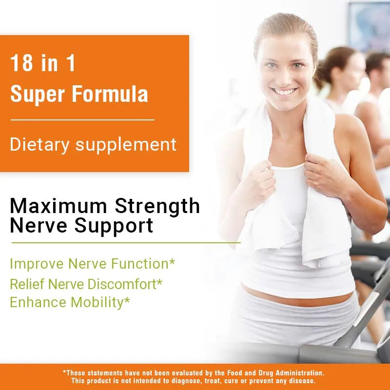 A smiling woman at the gym stands by exercise equipment with a towel, promoting Neuropathy Support Supplement 600mg—supports the nervous system, relieves stress, promotes brain function, and boosts energy for better mobility.