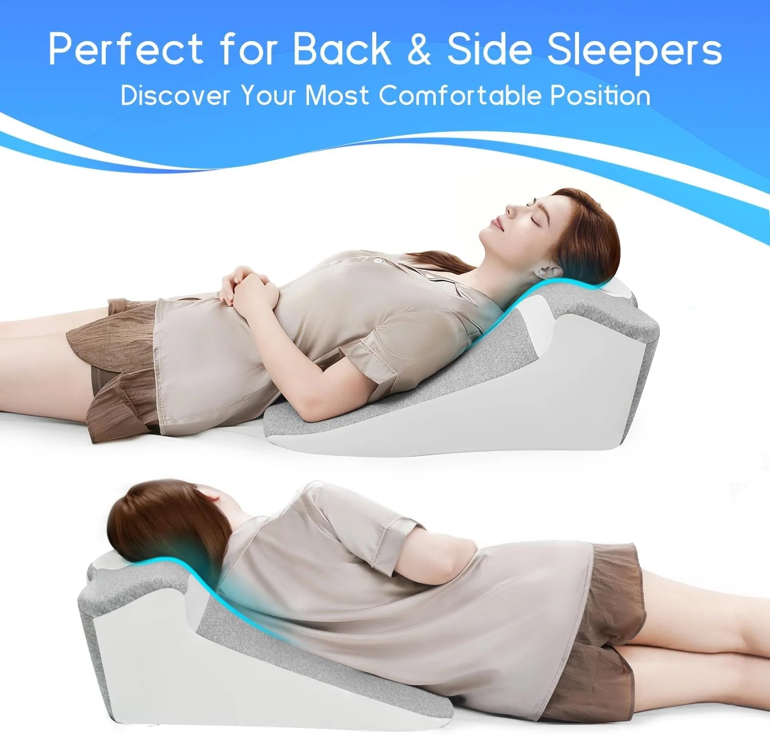 Two women use the Bed Wedge Sleeping Pillows for Acid Reflux or Prone Position; one lies on her back, the other on her side. Text reads: Perfect for Back & Side Sleepers. Discover Your Most Comfortable Position.