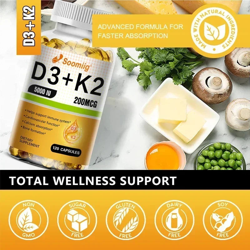 A bottle of Vitamin D3 5000IU & 200mcg K2 (MK-7) Capsules for calcium absorption, bone regeneration, and immune support is shown among veggies, cheese, and capsules. Features fast absorption; non-GMO, sugar-free, gluten-free, dairy-free.