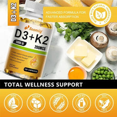 A bottle of Vitamin D3 5000IU & 200mcg K2 (MK-7) Capsules for calcium absorption, bone regeneration, and immune support is shown among veggies, cheese, and capsules. Features fast absorption; non-GMO, sugar-free, gluten-free, dairy-free.