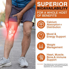 A person holds their knee in discomfort. Text highlights benefits of Vitamin D3 10000 IU with K2 200 Mcg: 2 in 1 immune support, healthy muscle function, and bone health—120 soft-gels per bottle.