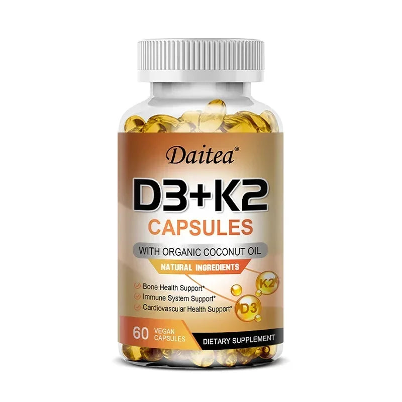 A bottle of Vegan Vitamin D3 K2 Capsules with organic coconut oil. The label highlights immune and bone health support. This gluten & soy free dietary supplement contains 60 vegan capsules for daily wellness.