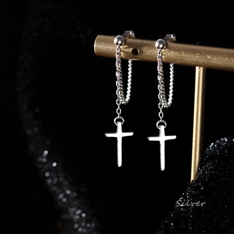 Silver Cross Dangle Drop Earrings