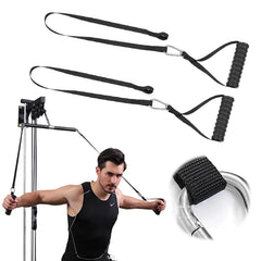 A man trains arms and chest strength using the Tricep Biceps Back Blaster Rope Lat Pull Down Attachment Training Gym Weight Chest Muscle Workout Extension Straps Premium Nylon, shown with black handles and a metal carabiner clip.