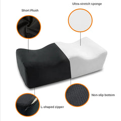 The BBL Pillow Seat Pad is a contoured foam buttock cushion with a black and white cover, highlighting plush fabric, ultra-stretch sponge, non-slip bottom, and a removable, washable L-shaped zippered cover for post-surgery recovery.